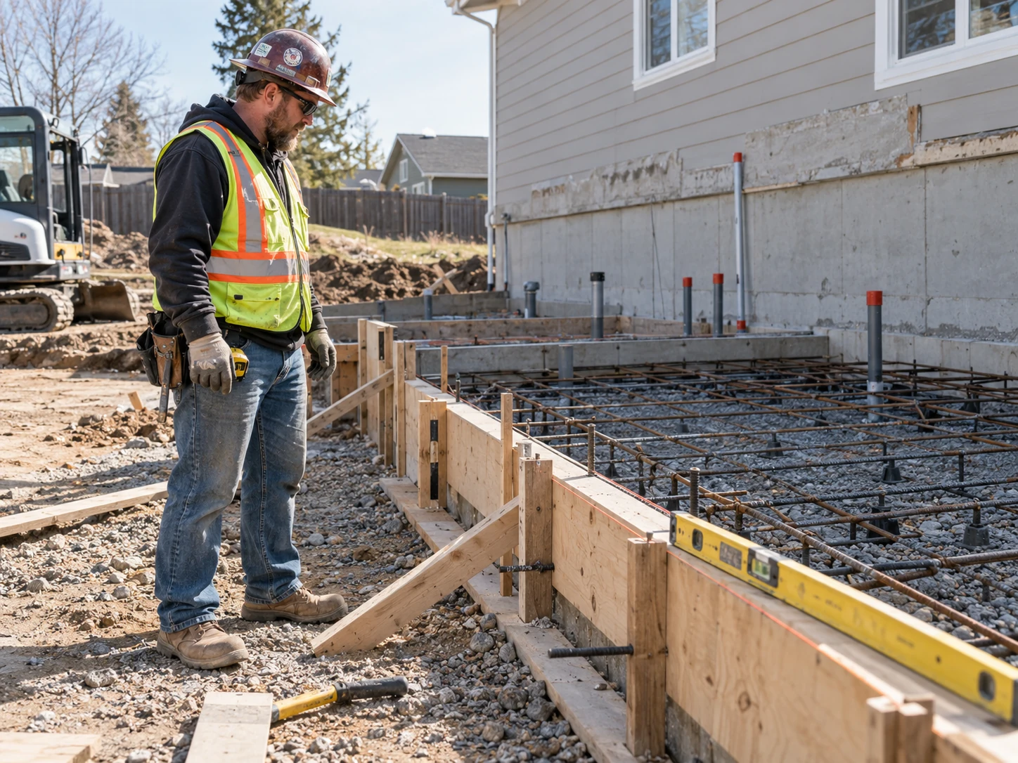 Worker inspecting foundation formwork and rebar