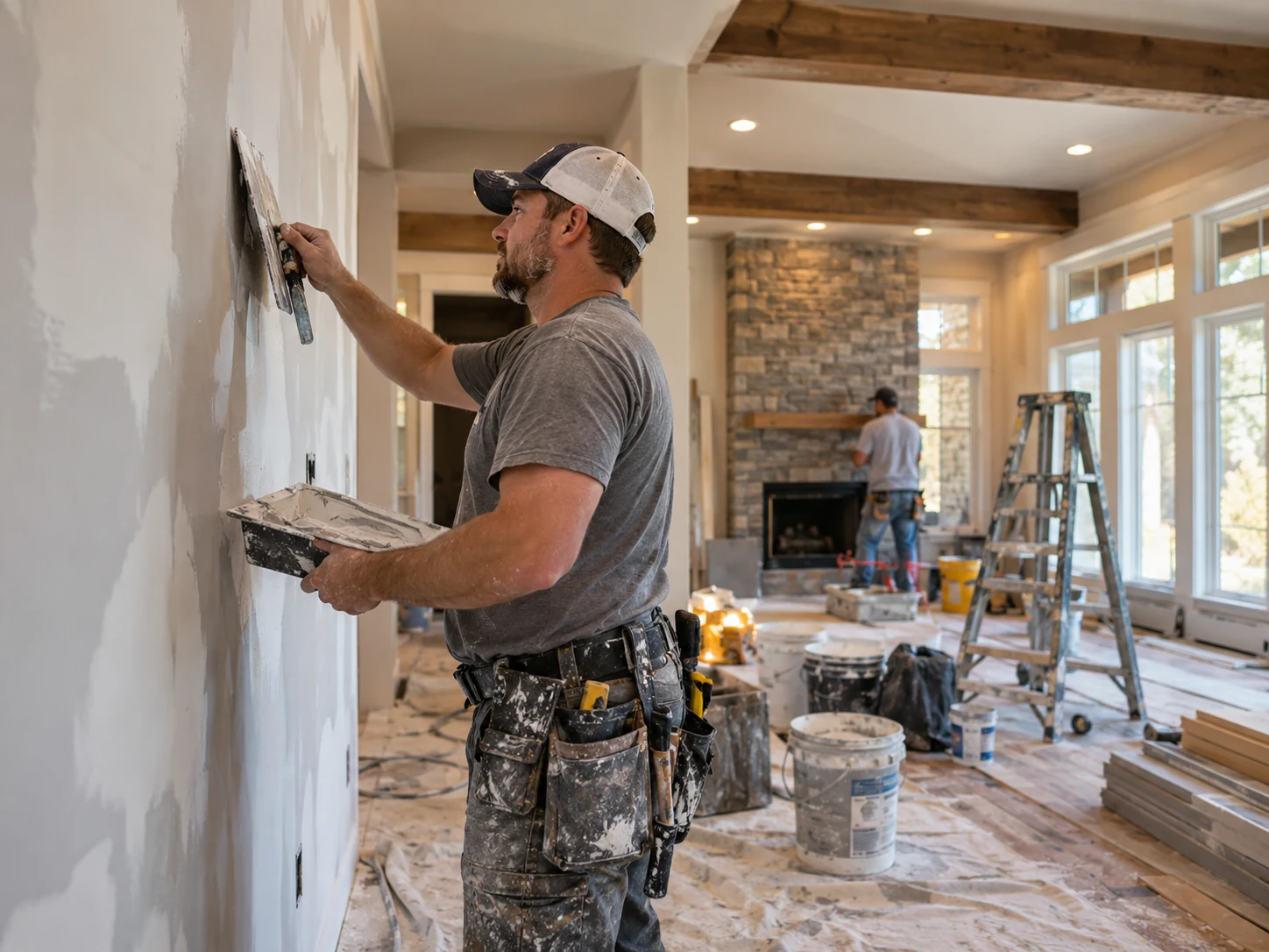 Contractor applying joint compound to an interior wall
