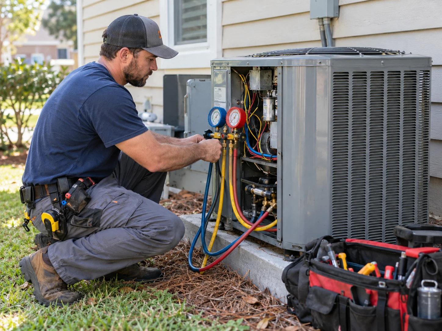 HVAC technician servicing an outdoor air conditioner