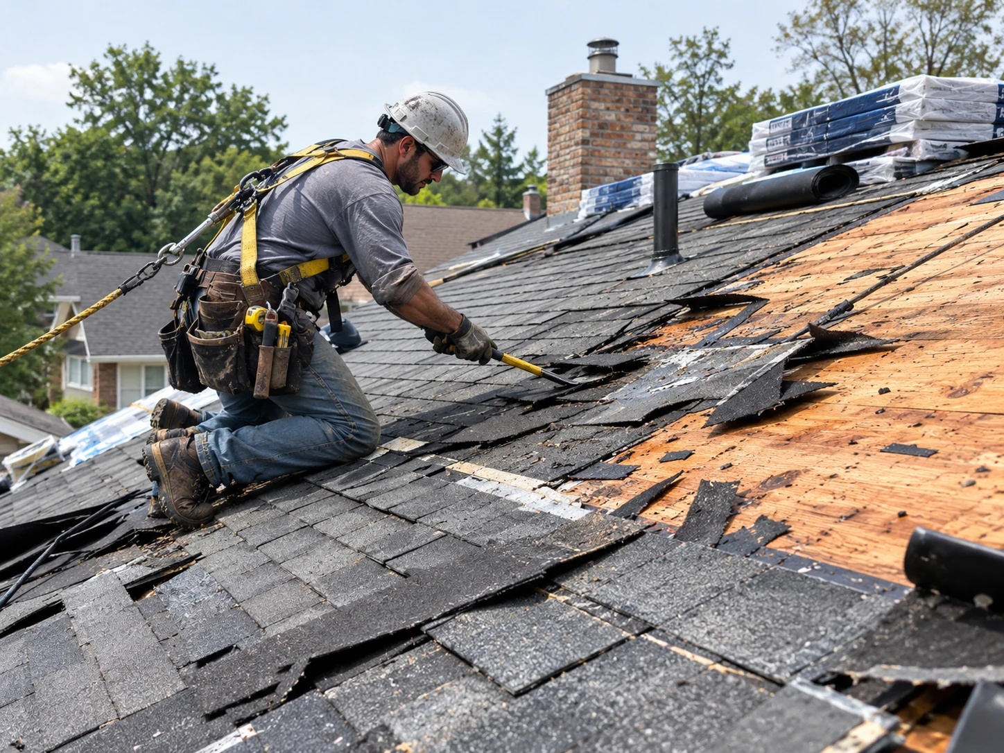 Roofing contractor removing material from a partially dismantled roof