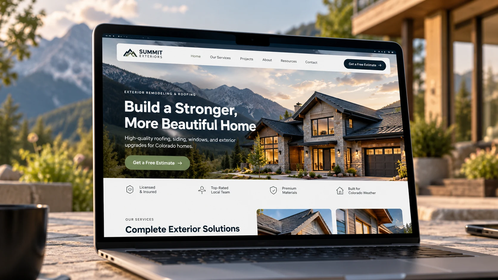 MacBook displaying a roofing contractor website